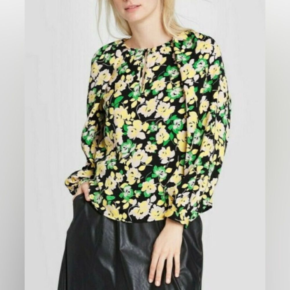 Who What Where Floral Balloon Sleeve Silky Blouse Top Size Small